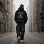 Flat-lay of a black stussy hoodie, white Amiri MA-1 sneakers, and a graphic mixed emotions shirt on a concrete floor.